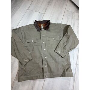 Vintage Sun and Moon Canvas Work Jacket Leather Collar Flannel Lined Taupe L